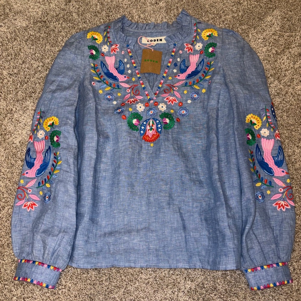 Boden Grace linen top- chambray embroidered birds